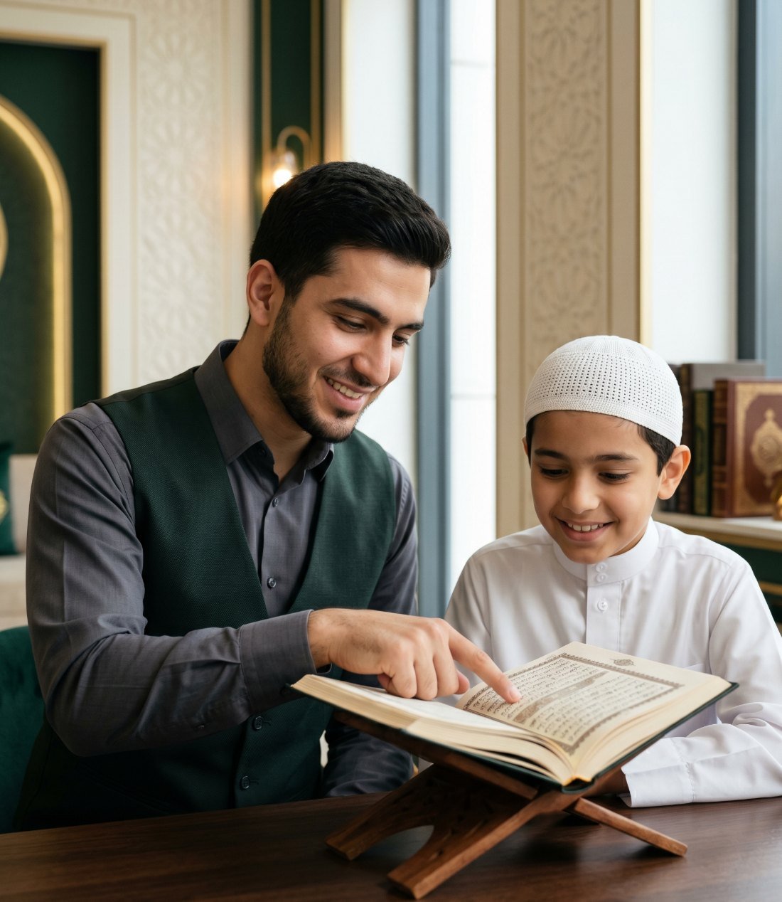 Online Quran classes — teacher guiding a young student through the Quran